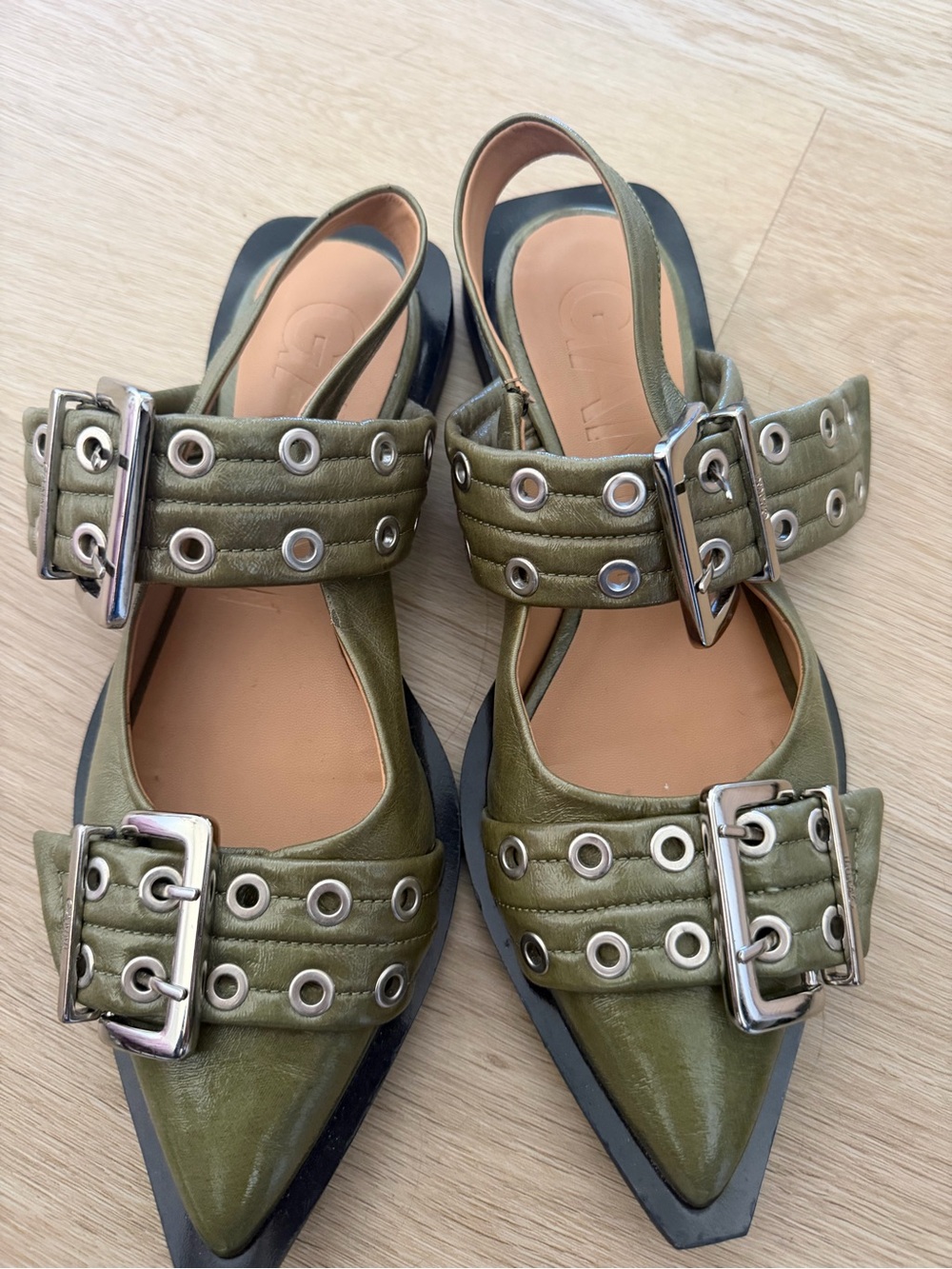 Ganni olive green buckle shoes